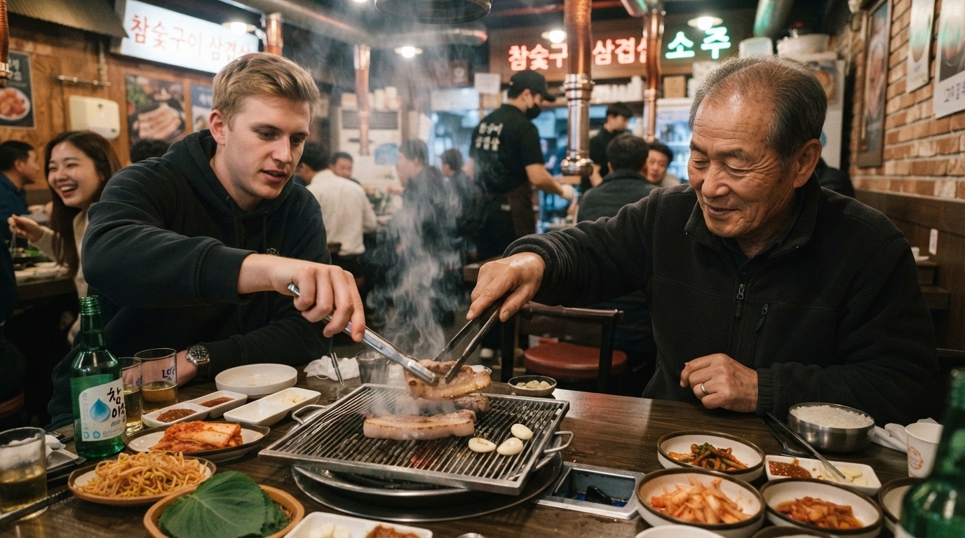 You're struggling with the tongs at a Korean BBQ restaurant.