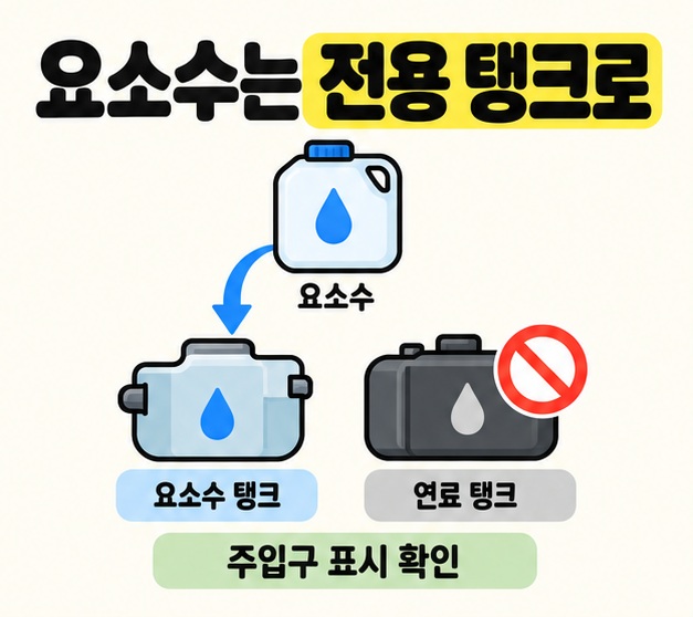 요소수 용기에서 요소수 탱크로만 화살표를 연결하고 연료 탱크에는 금지 표시를 붙여 주입구 표시 확인을 안내한 도식