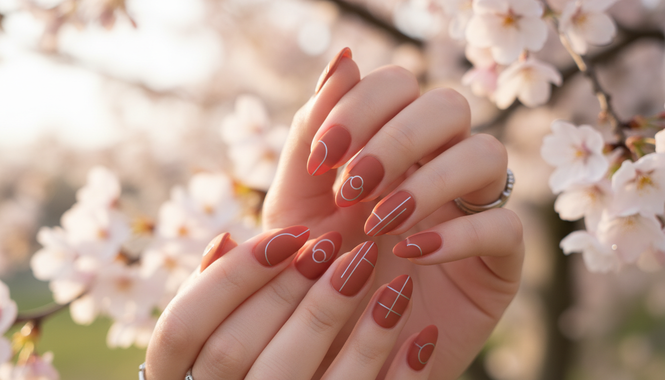 2026년 봄 트렌드인 테라코타 컬러와 라이트 그레이 라인 아트로 장식된 세련된 네일 디자인
