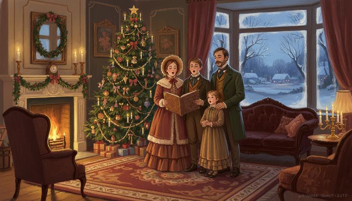 빅토리아 시대 가족이 크리스마스트리 주변에 모여 캐럴 책을 보며 노래하는 아늑한 모습.
