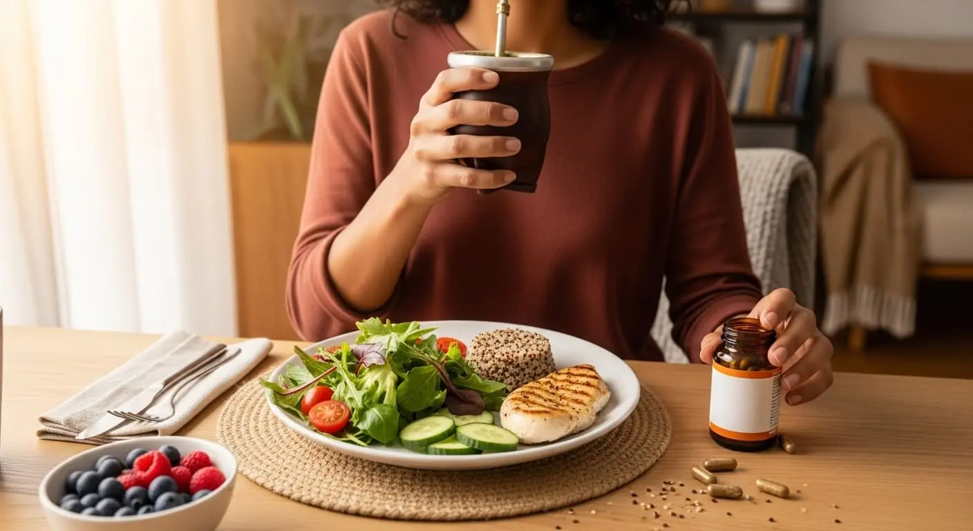 건강한 식단과 함께 예르바 마테를 섭취하여 다이어트 시너지 효과를 내는 모습