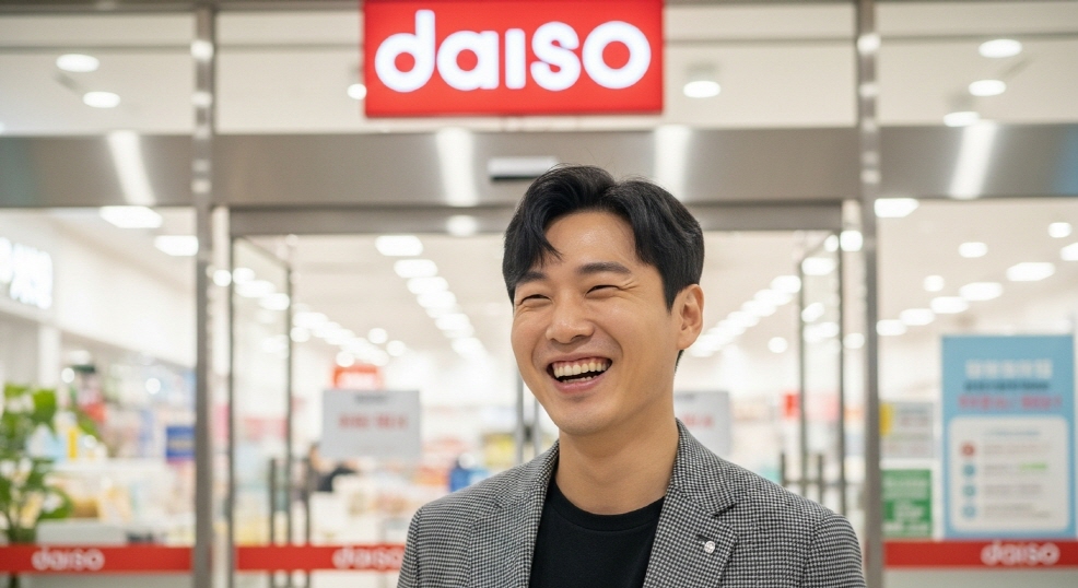 다이소 입구에서 환하게 웃으며 들어가는 남성
