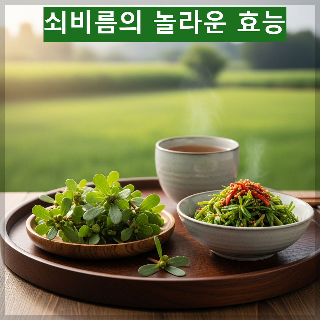 한국의 청정 들판에서 자란 싱싱한 초록빛 쇠비름 나물과 정갈하게 담긴 쇠비름 겉절이 및 따뜻한 건강 차의 모습