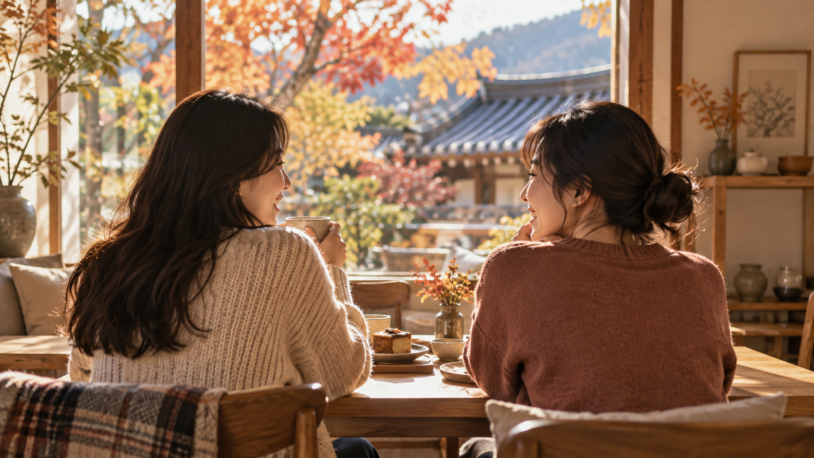 가을 카페에서 친구들이 대화하는 모습