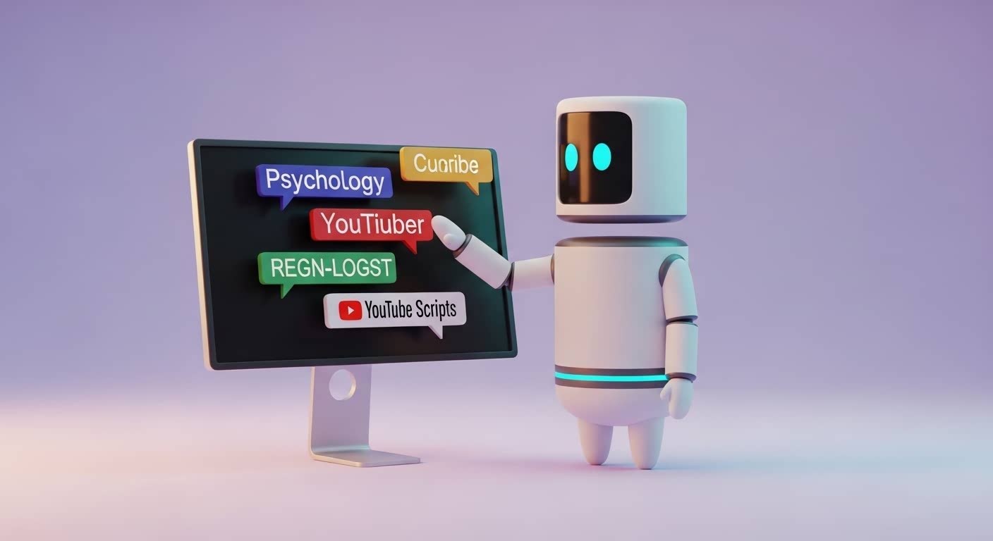 A cute 3D robot pointing at a computer screen with colorful labels about psychology, YouTube, and content creation.