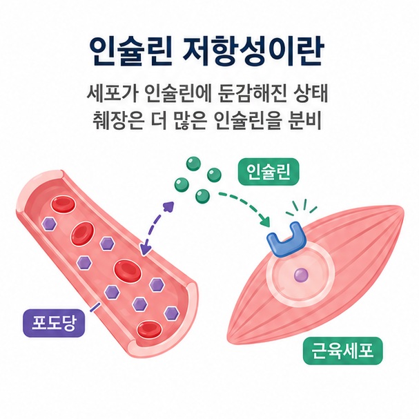혈액 속 포도당과 인슐린, 근육세포를 통해 인슐린 저항성이 세포가 인슐린에 충분히 반응하지 않아 혈당 조절 부담이 커지는 상태임을 보여 주는 그림