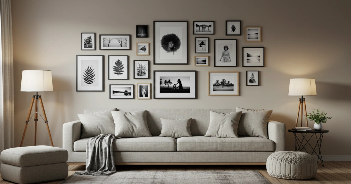 다양한 액자가 조화롭게 배치된 세련된 갤러리 스타일의 거실 인테리어