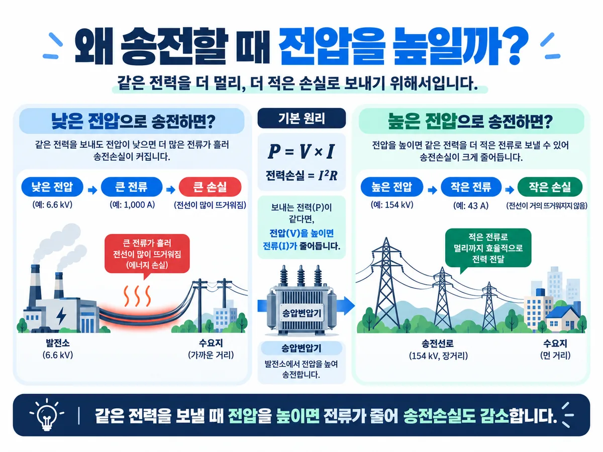 승압변압기로 송전전압을 높여 전류와 I제곱R 송전손실을 줄이는 원리 인포그래픽