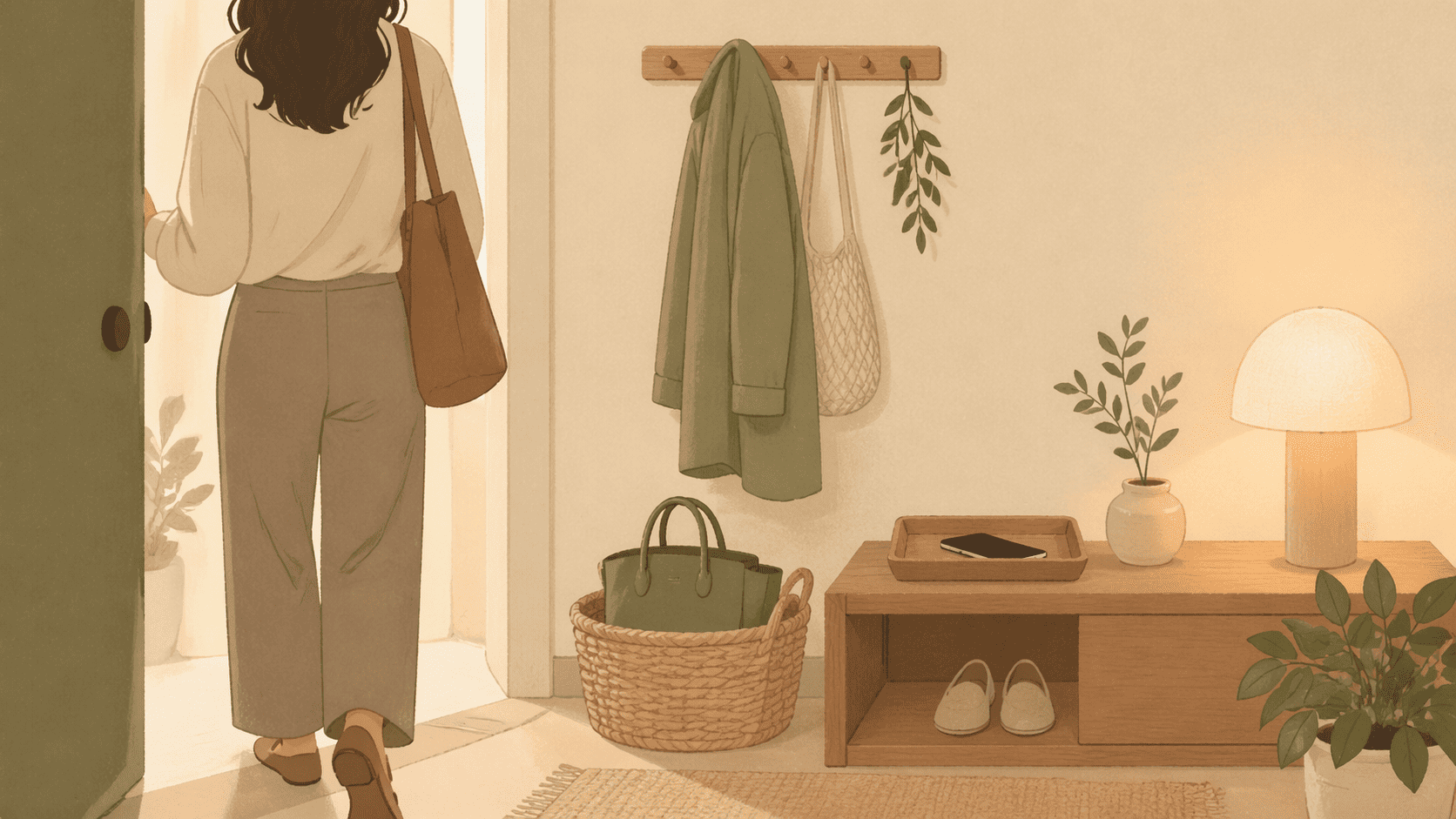 퇴근 후 현관에서 가방과 스마트폰을 정리하며 모드 전환을 시작하는 저녁 루틴 일러스트