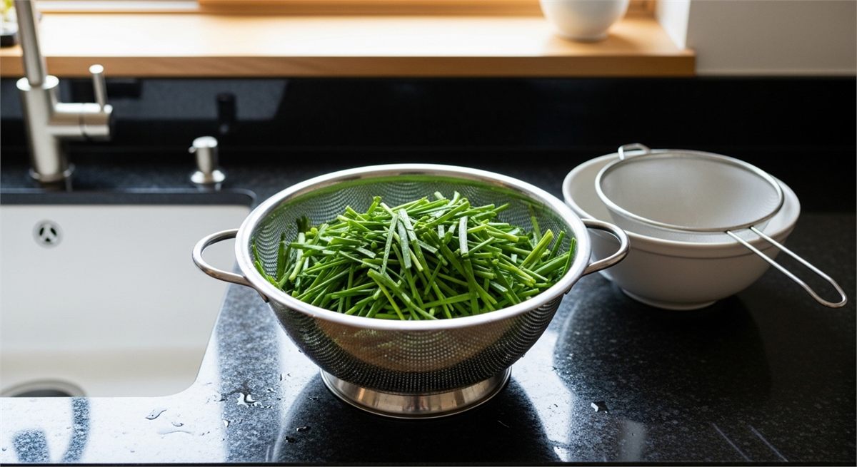 절인 쪽파를 채반에 받쳐 물기를 빼는 모습