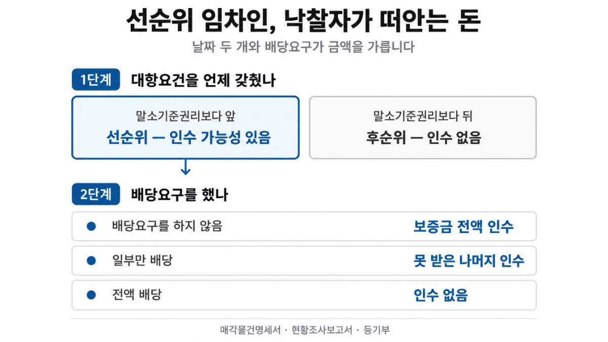 선순위 임차인 인수 여부 요약 — 대항요건 시점과 배당요구에 따라 매수인이 떠안는 금액이 갈린다