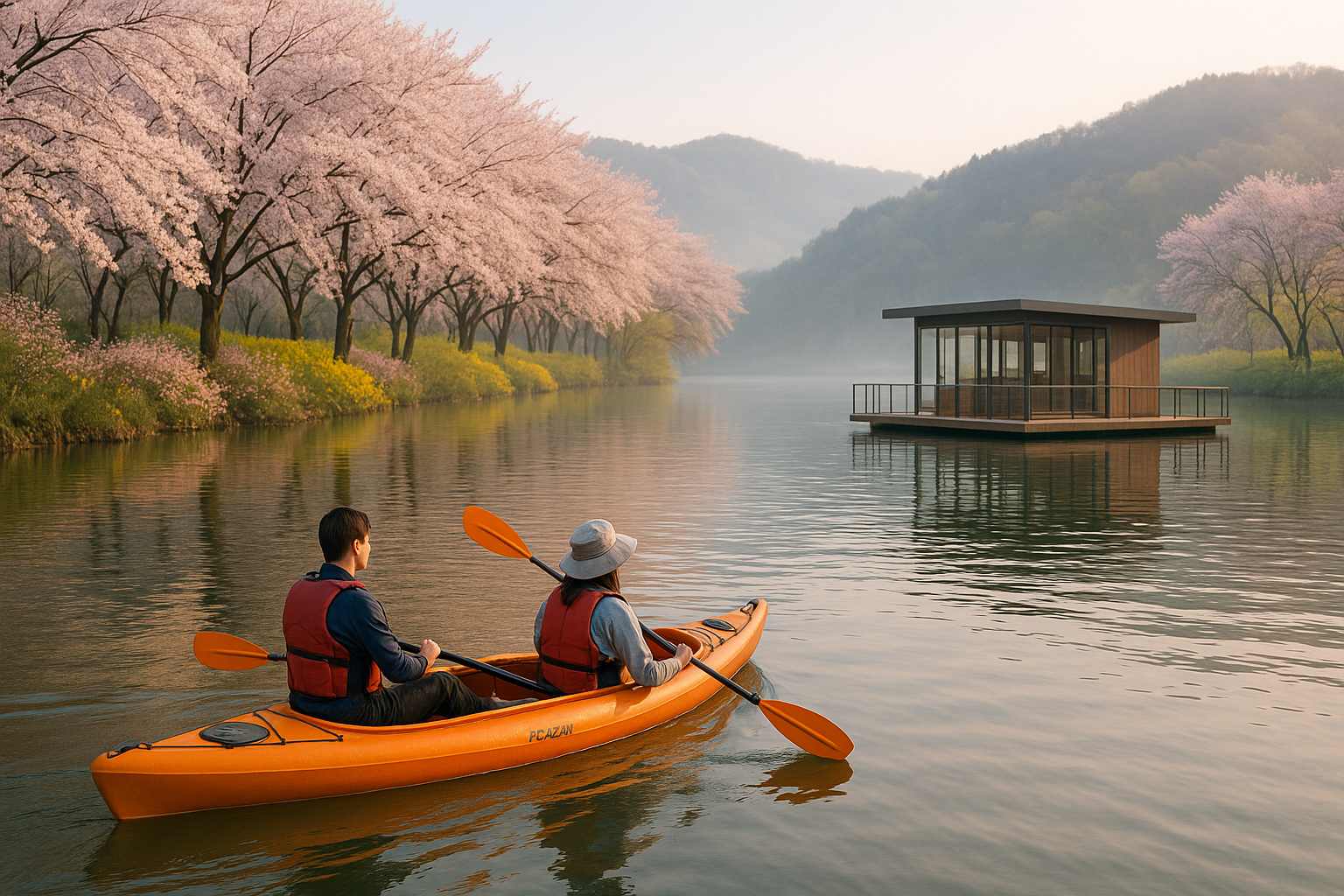 강변에서 카누 타는 이미지