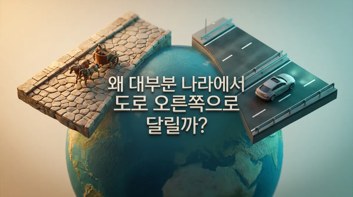 고대 로마 마차의 좌측통행과 현대 자동차의 우측통행을 비교한 미니어처 디오라마 일러스트