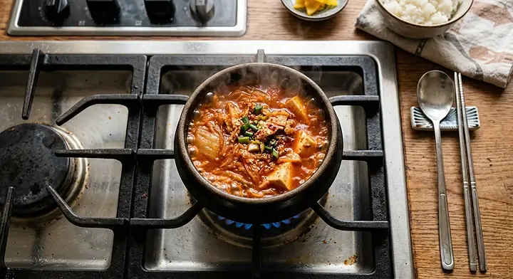 1인용 냄비에서 김치찌개가 보글보글 끓는 조리 중간 단계
