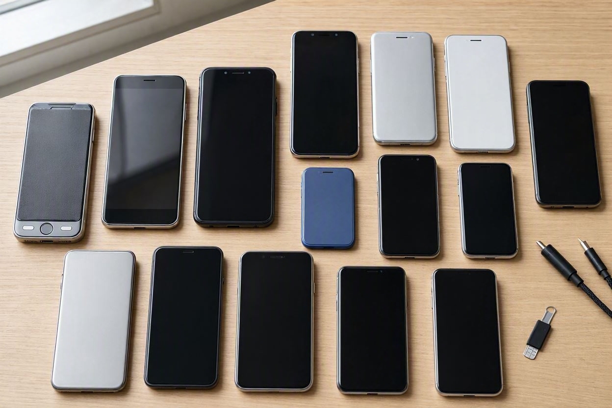 Multiple smartphones organized neatly on a wooden desk, representing device longevity.