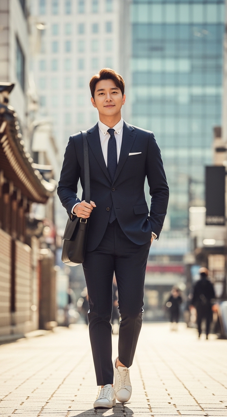 차분한 네이비 셋업 수트에 화이트 스니커즈를 매치한 전신 샷