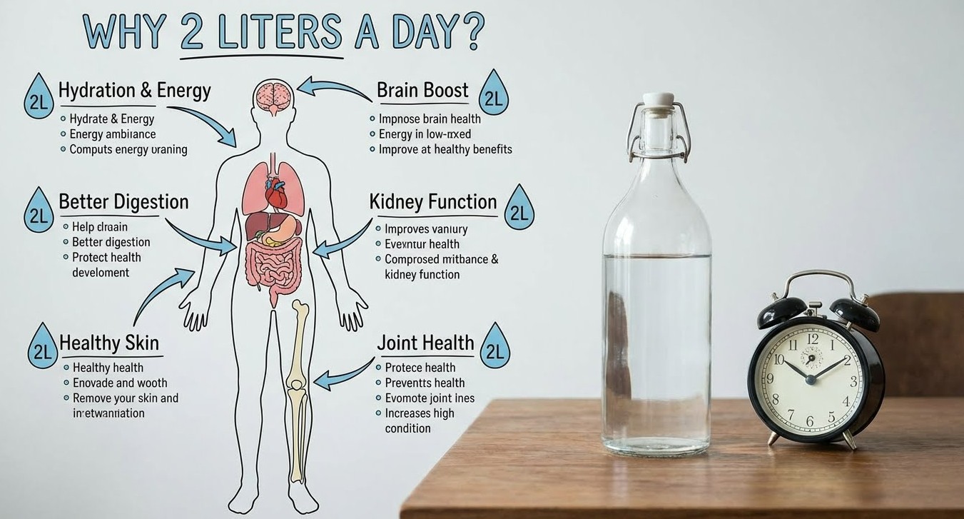 '하루 2리터 물 마시기'를 강조하는 다이어그램