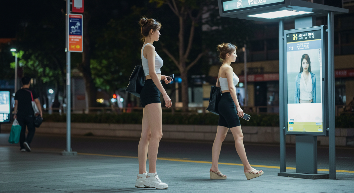 디지털 버스정류장에 서있는 여성들