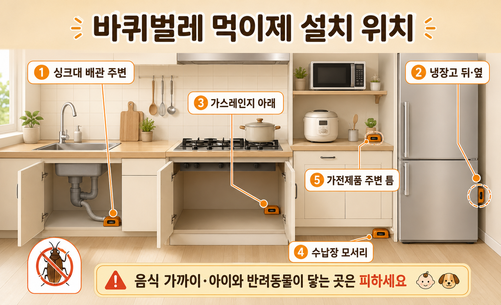 바퀴벌레 먹이제 설치 위치와 효과적인 설치 방법을 설명하는 이미지