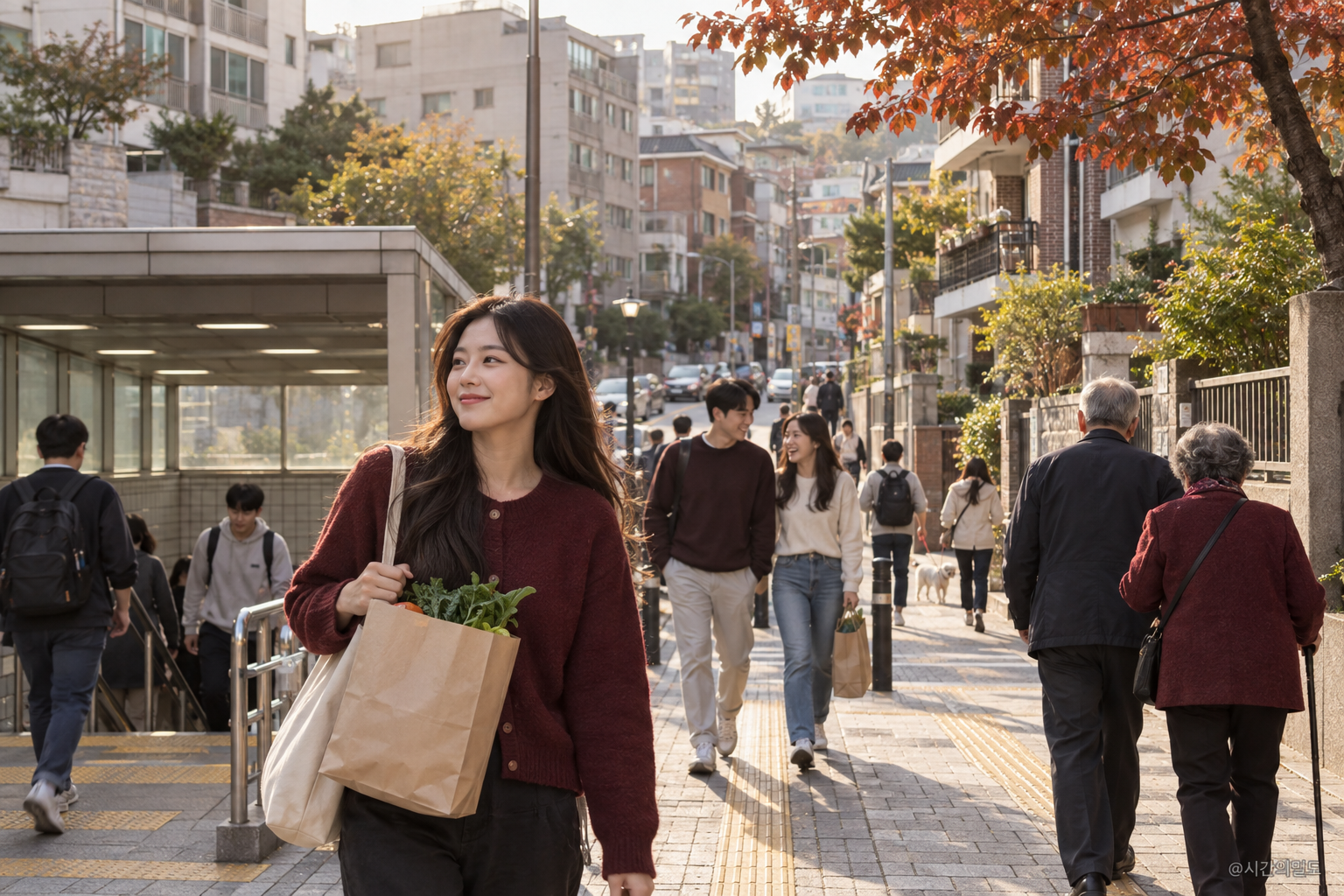 다양한 세대가 걷는 한국 주거지 거리의 가상 장면