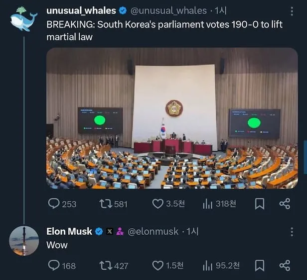 일론머스크 계엄령 해지 가결 반응