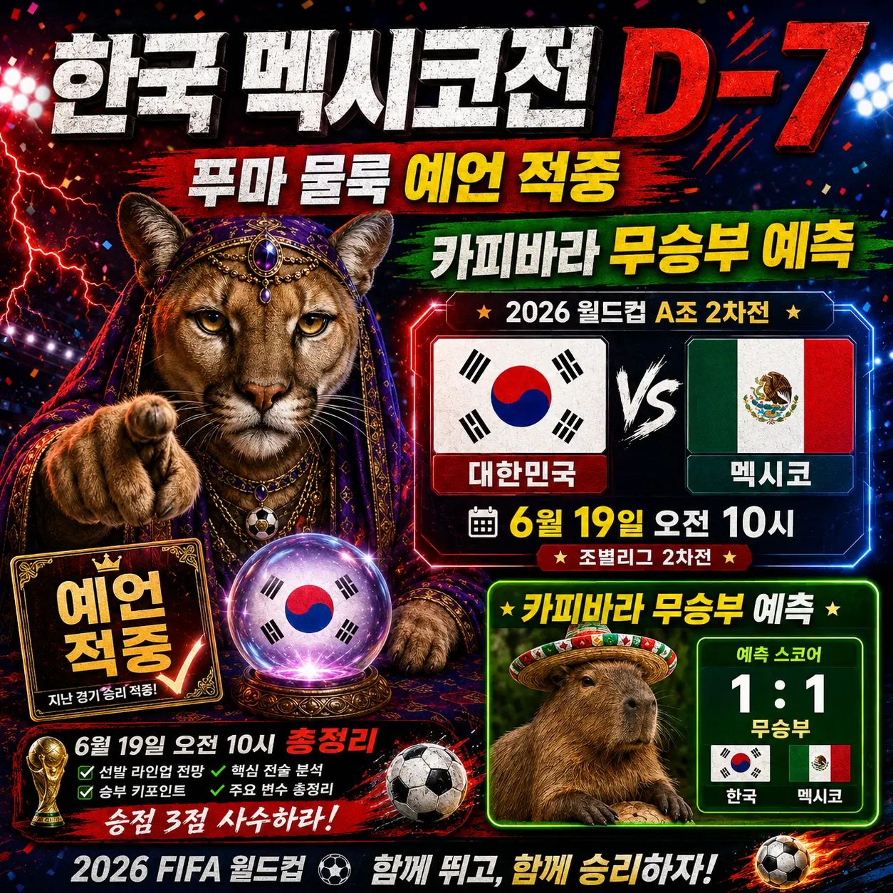 한국 멕시코전 D-7 &mdash; 푸마 물룩 예언 적중&middot;카피바라 무승부 예측&middot;6월 19일 오전 10시 총정리 2026