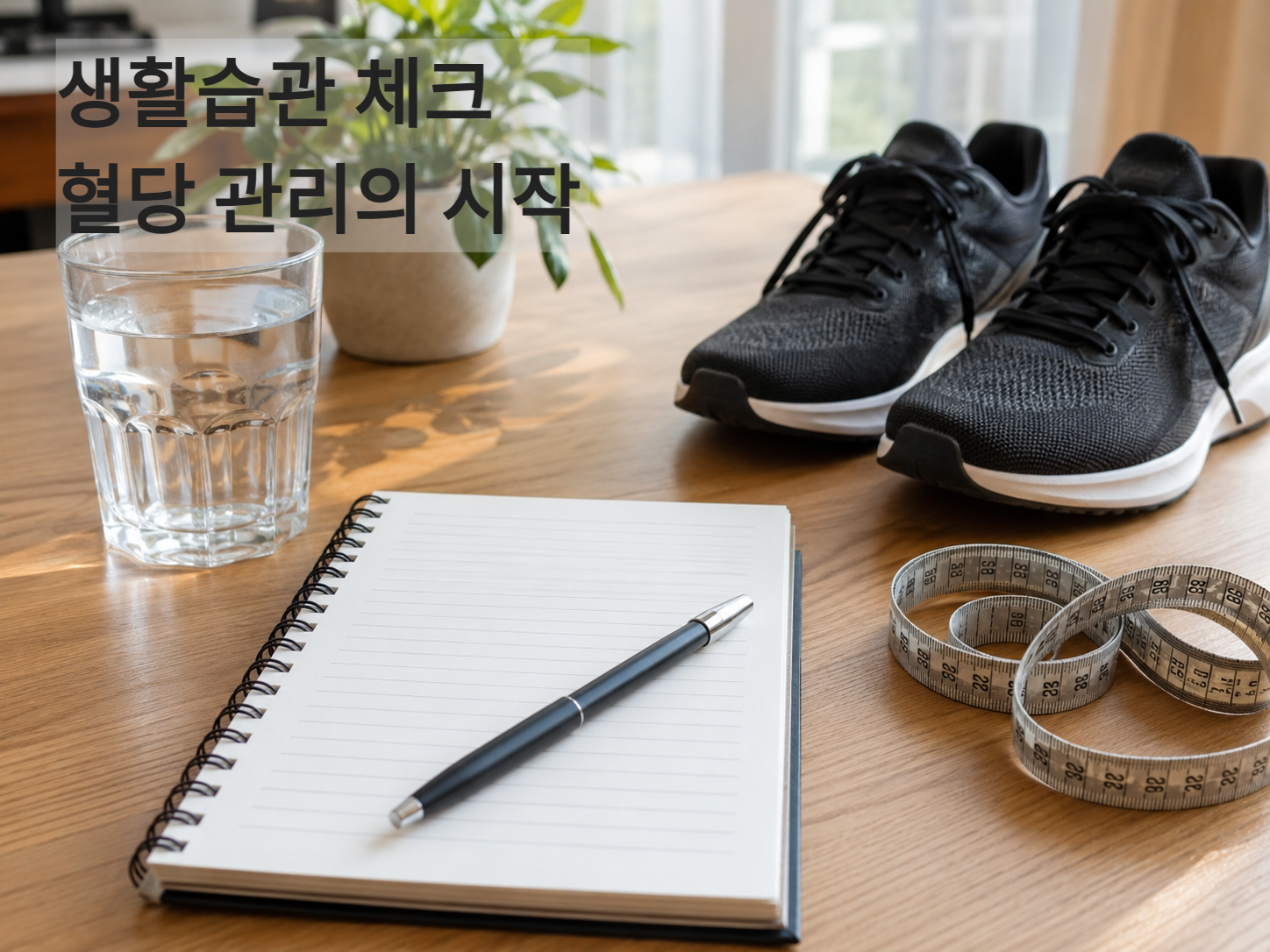 공복혈당 관리를 위한 생활습관 체크리스트와 줄자, 운동화 이미지