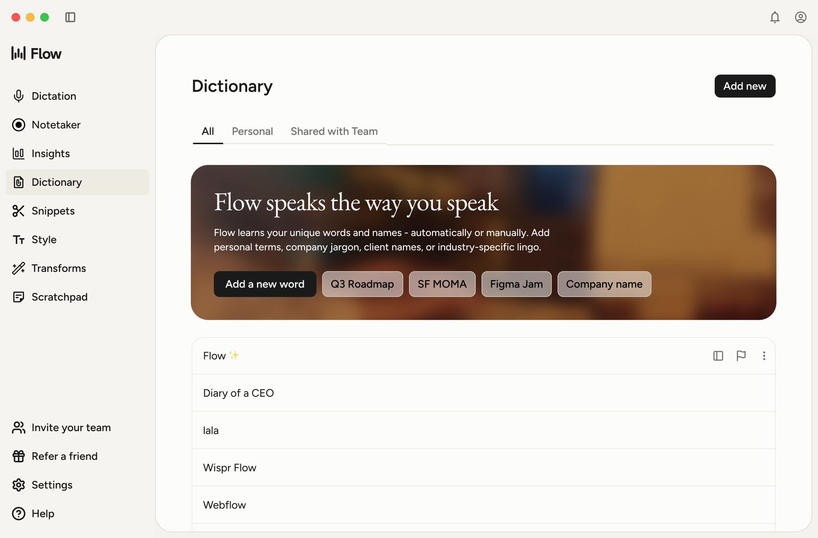 Wispr Flow 사전(Dictionary) 화면 공식 이미지