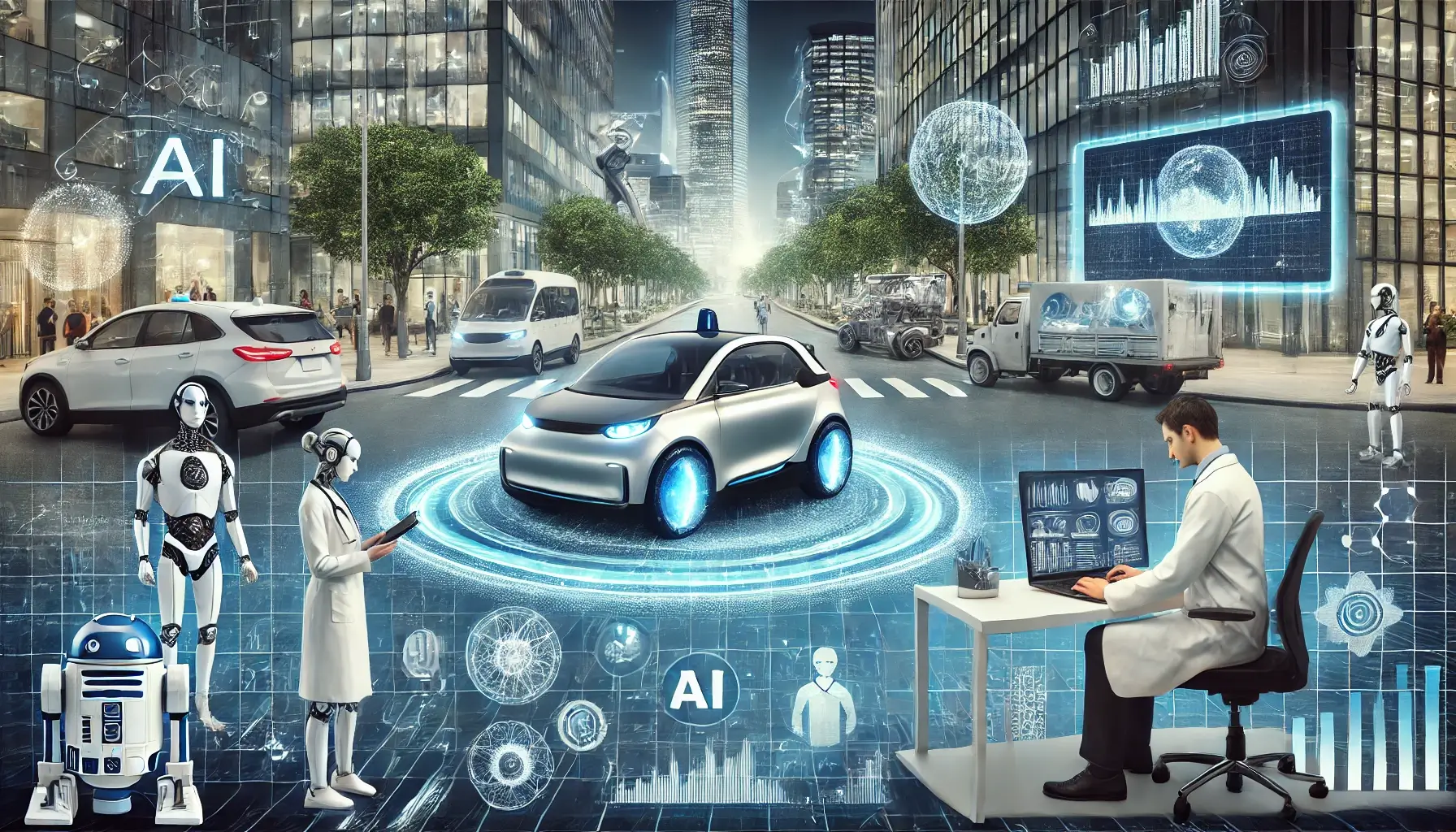 자율주행차, 의료진단, 금융분석 등 AI의 다양한 적용을 보여주는 초현실적인 이미지로, 더 나은 결과를 얻기 위한 AI와 인간의 협업을 강조합니다.