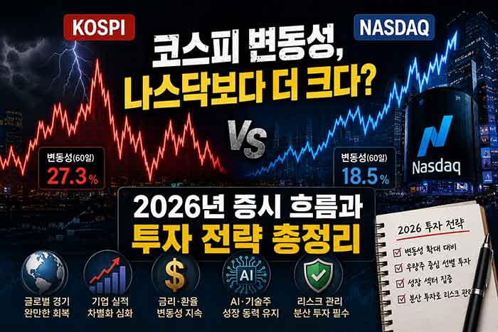 코스피, 나스닥 변동성을 표현한 이미지 입니다.