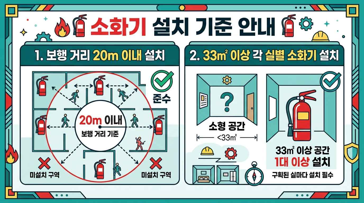 사업장 소화기 설치기준 — 보행거리 20m·33㎡ 구획 배치 3분 정리 인포그래픽
