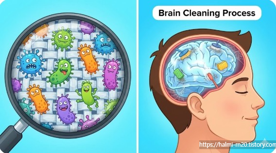 잠옷 원단의 세균과 뇌 청소 중인 잠든 사람 대조