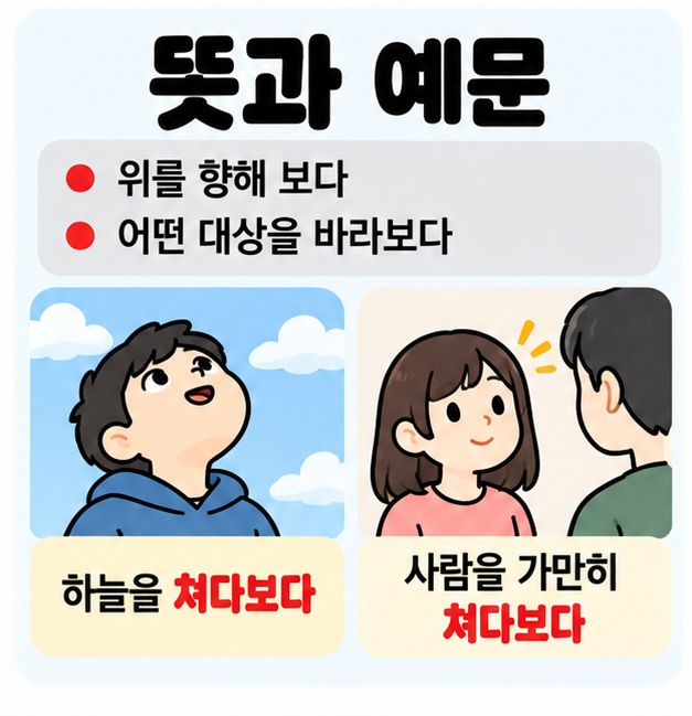 하늘을 쳐다보다 사람을 쳐다보다 등 쳐다보다 뜻과 예문을 보여주는 카드