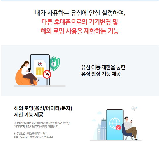 KT: 마이KT 앱 ➔ 유심변경 잠금 설정 (무료)