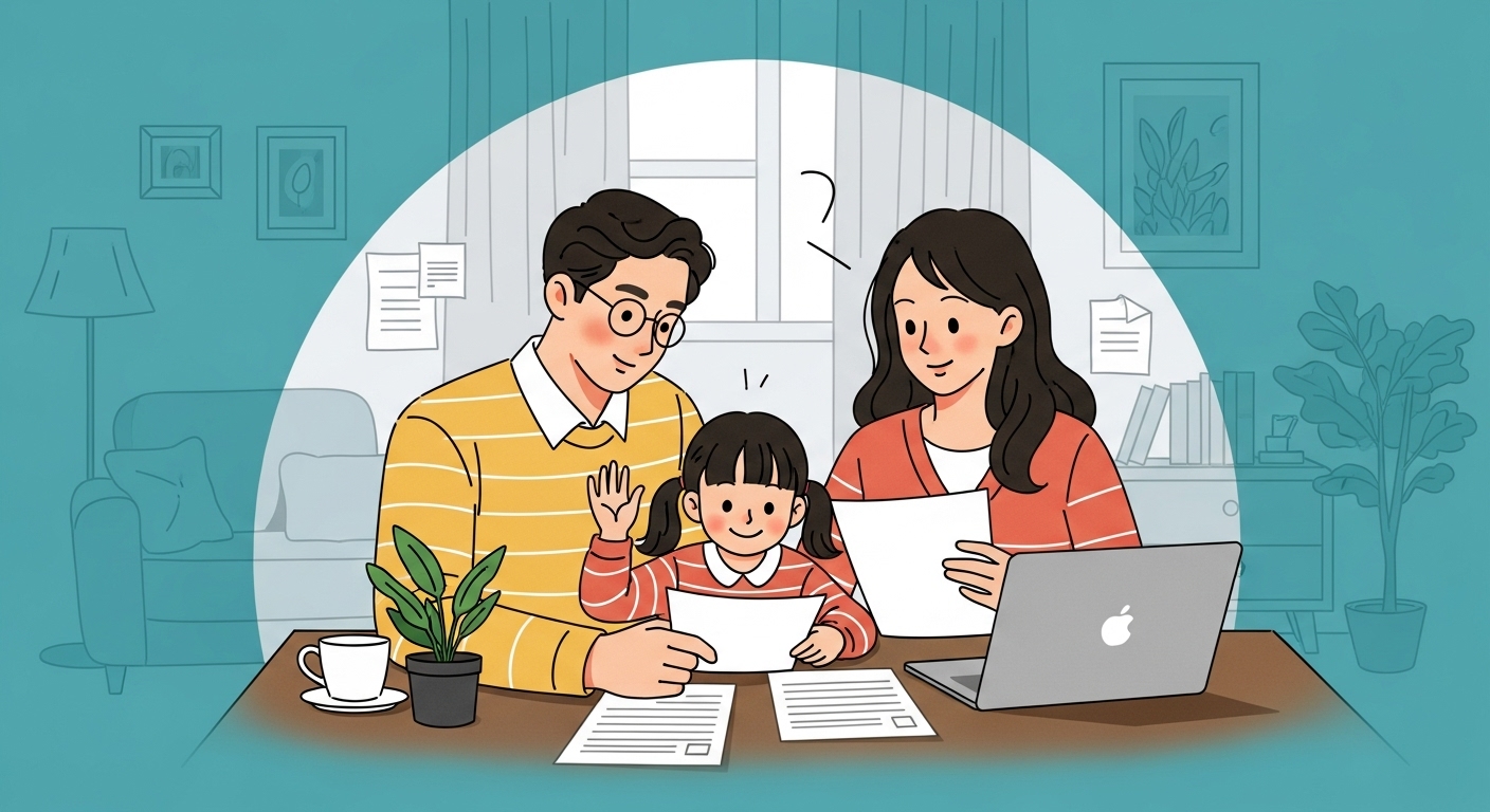 한 가족이 정부 지원금 서류와 노트북을 보며 안도하는 모습의 일러스트. 생계 안정 지원금의 긍정적인 영향을 상징합니다.