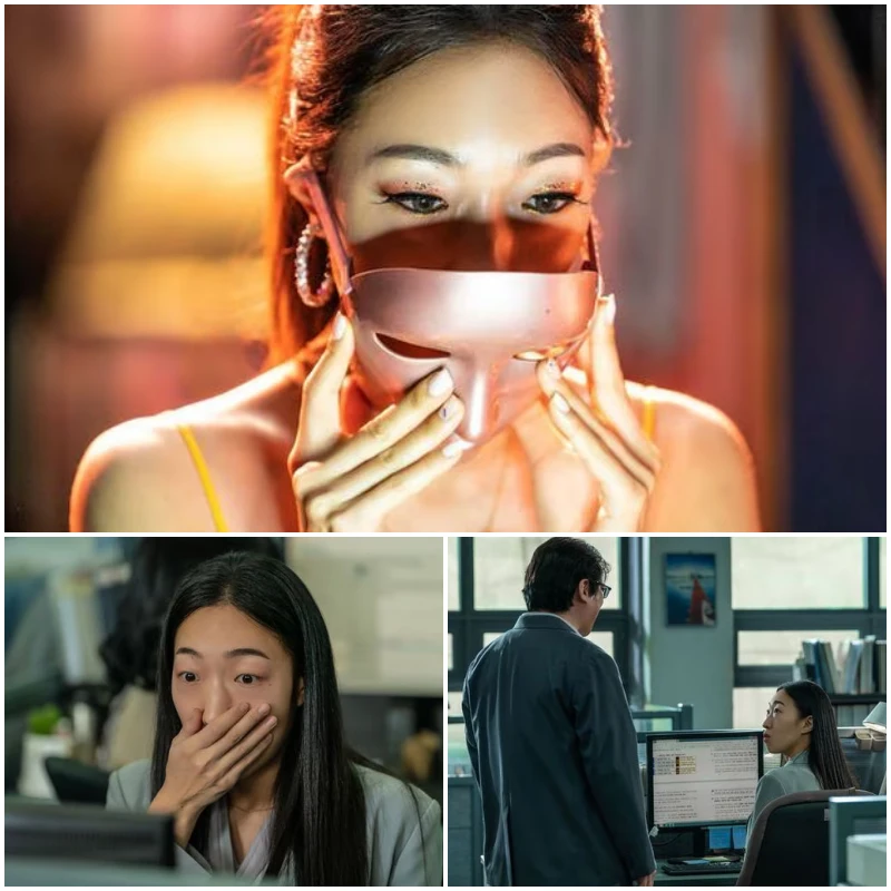 마스크를 벗고 있는 김모미와 사무실에서 업무를 보는 김모미 캐릭터를 연기하는 배우 이한별