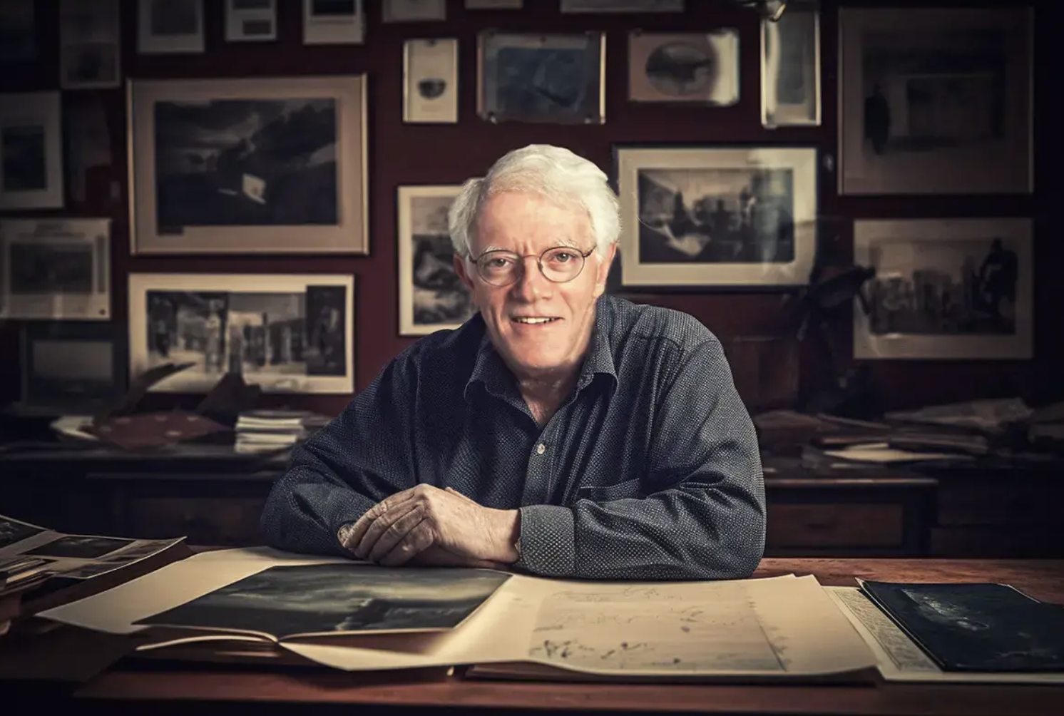 책상-위에-펼쳐진-뷴석-자료-앞-미소-짓고-있는-안경 착용한-피터-린치-투자-금융-시장-연구-상징하는-서재로-벽에-다양한-사진과-그림이-걸려-있음.