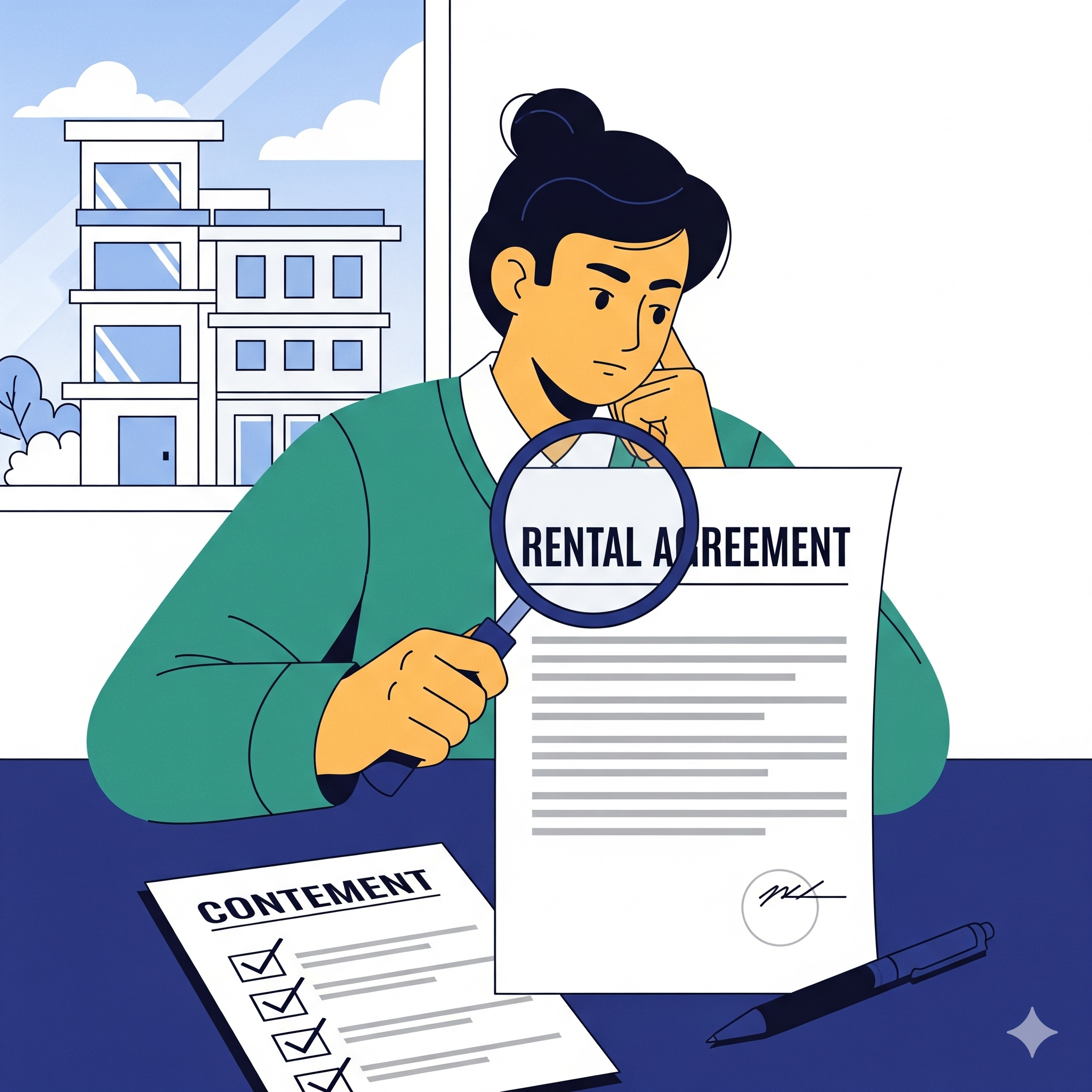 민간임대주택 계약서를 돋보기로 신중하게 검토하는 사람과 체크리스트