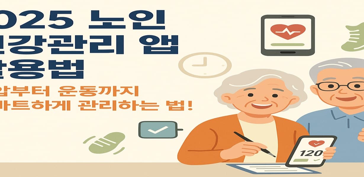 2025년 노인 건강관리 앱 활용법 안내 포스터. 혈압부터 운동까지 스마트하게 관리하는 법이라는 문구와 함께, 스마트폰을 들고 건강 데이터를 확인하는 노부부 일러스트 포함.