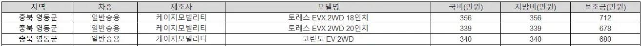 2025년 충북 영동군 전기차 보조금