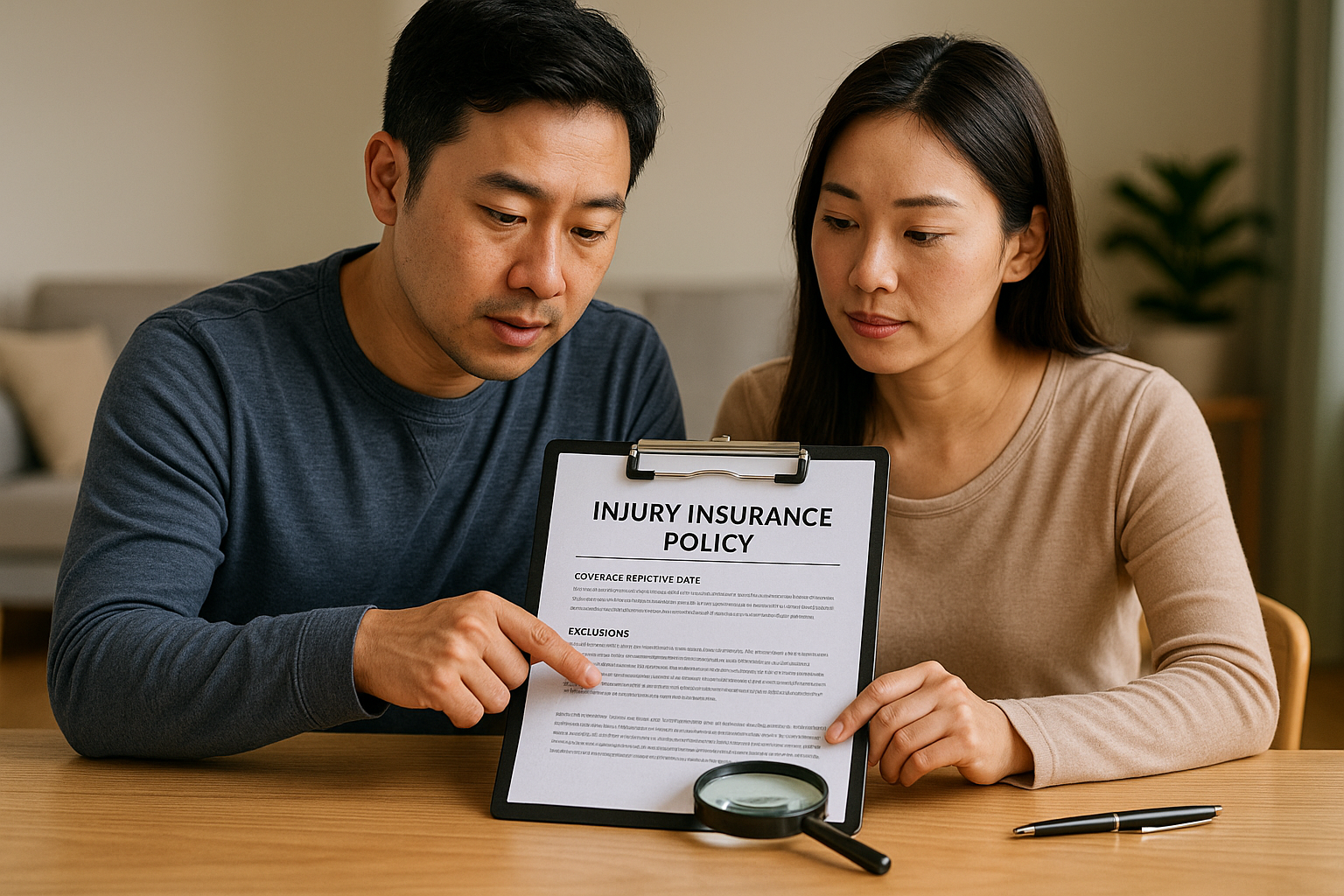 상해보험 약관 검토 중인 부부