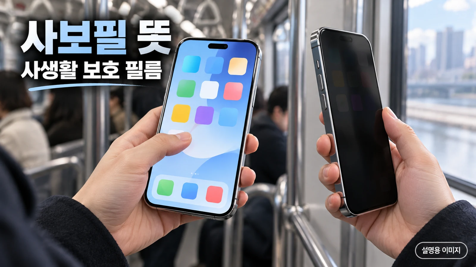사보필 사생활 보호 필름 정면에서는 보이고 측면에서는 화면이 어두워지는 차이 설명용 이미지