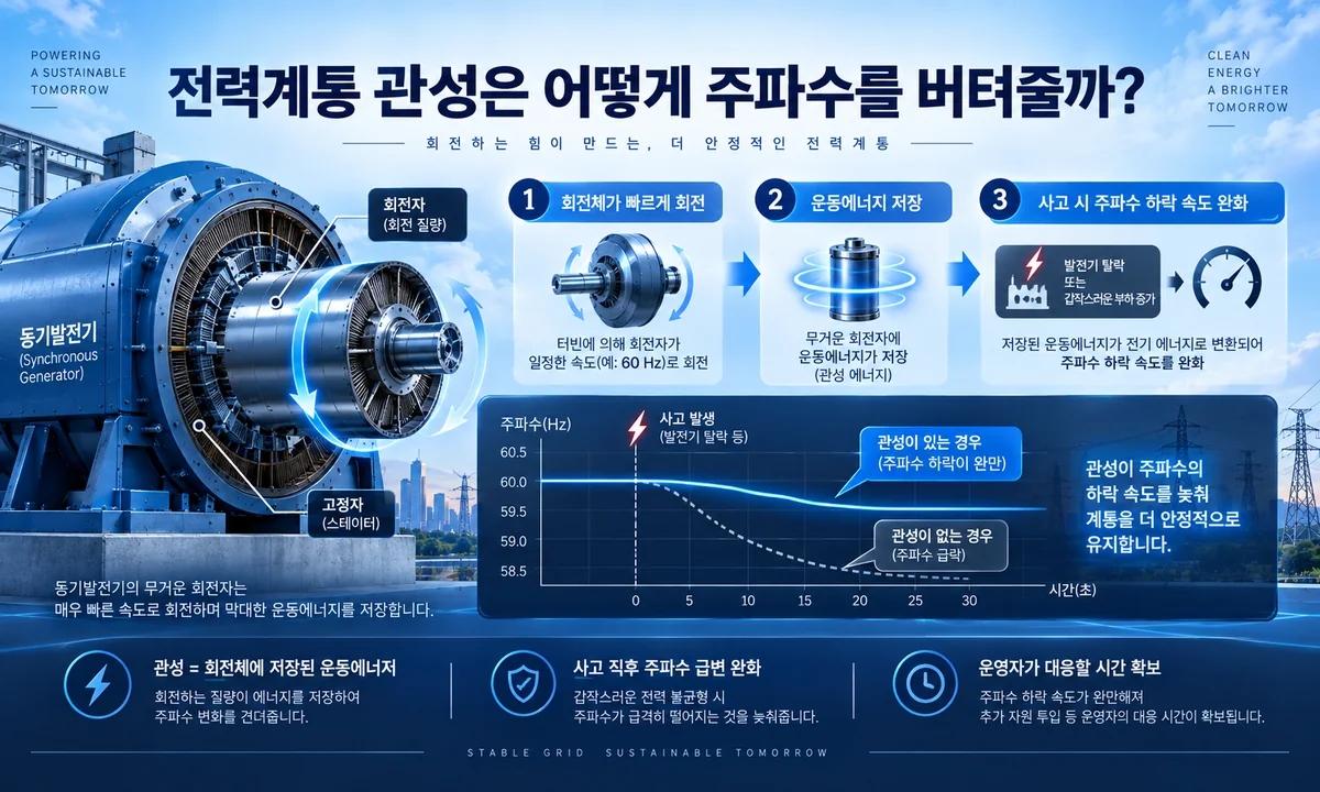 동기발전기 회전체의 운동에너지가 주파수 하락 속도를 완화하는 원리