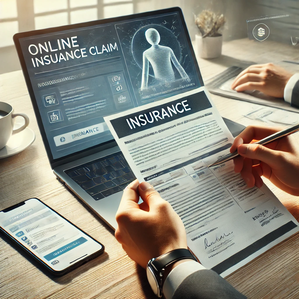 홈 오피스에서 한 사람이 한 손에 보험 문서를 들고 다른 손으로 노트북을 사용하고 있는 모습. 노트북 화면에는 온라인 보험 청구 포털이 표시되고, 책상 위 스마트폰에는 이메일 알림이 보임. 커피잔과 창문을 통해 들어오는 자연광이 조직적이고 생산적인 분위기를 강조함