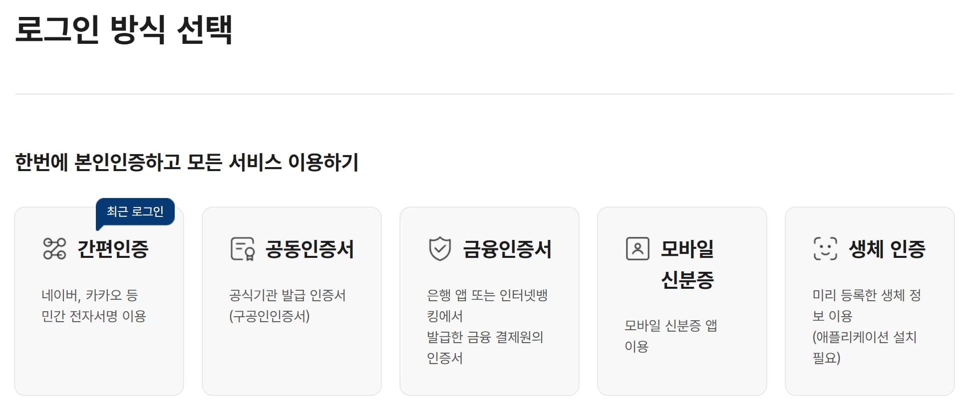 정부24 로그인 방식 선택 - 간편인증, 공동인증서, 금융인증서 등