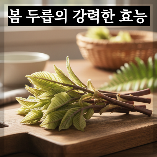 따뜻한 봄 햇살이 내리쬐는 나무 테이블 위에 정갈하게 담긴 연한 초록빛 두릅 숙회와 윤기가 흐르는 붉은 초고추장이 놓여 있는 건강하고 치유적인 분위기의 실사 이미지