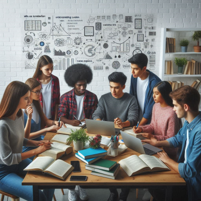 책상에 둘러앉아 토론하는 학생들, 뒤에 화이트보드가 있는 모습.