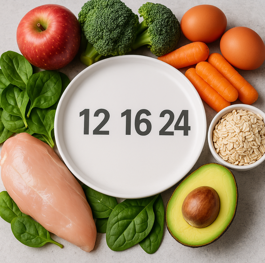 12,16,24시간 단식과 공복시간 식사 전략을 상징하는 이미지