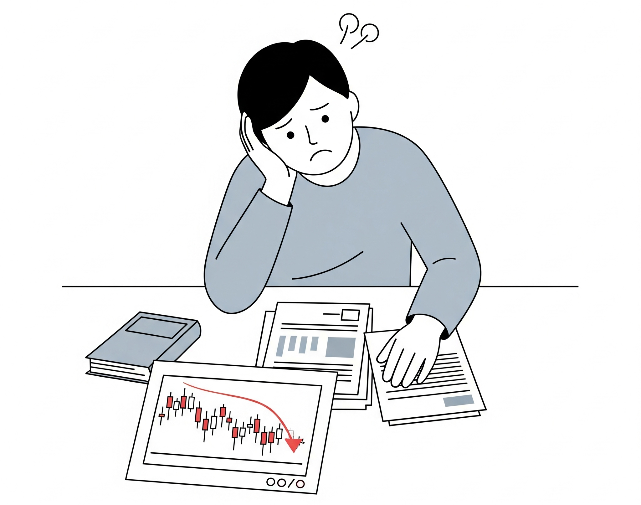 재테크 계획서를 보며 지쳐있는 사람의 모습 - 재테크 슬럼프를 상징