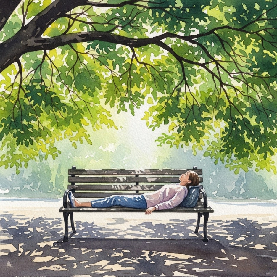 나무 아래 벤치에서 휴식을 취하는 사람